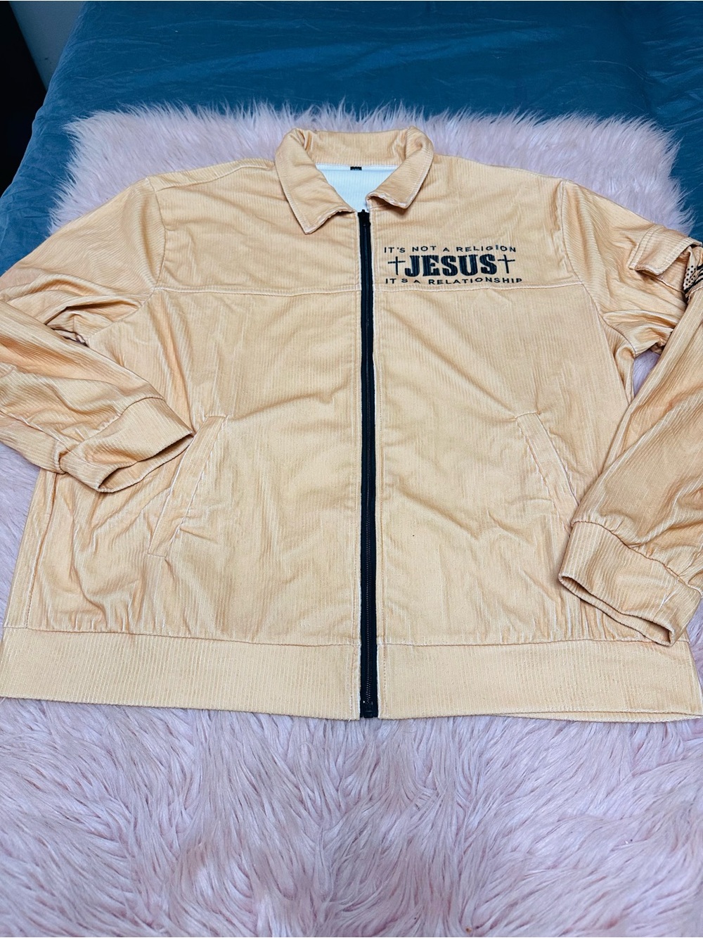 Unbranded Men's Beige Corduroy Zip Jacket - 'Jesus' Script